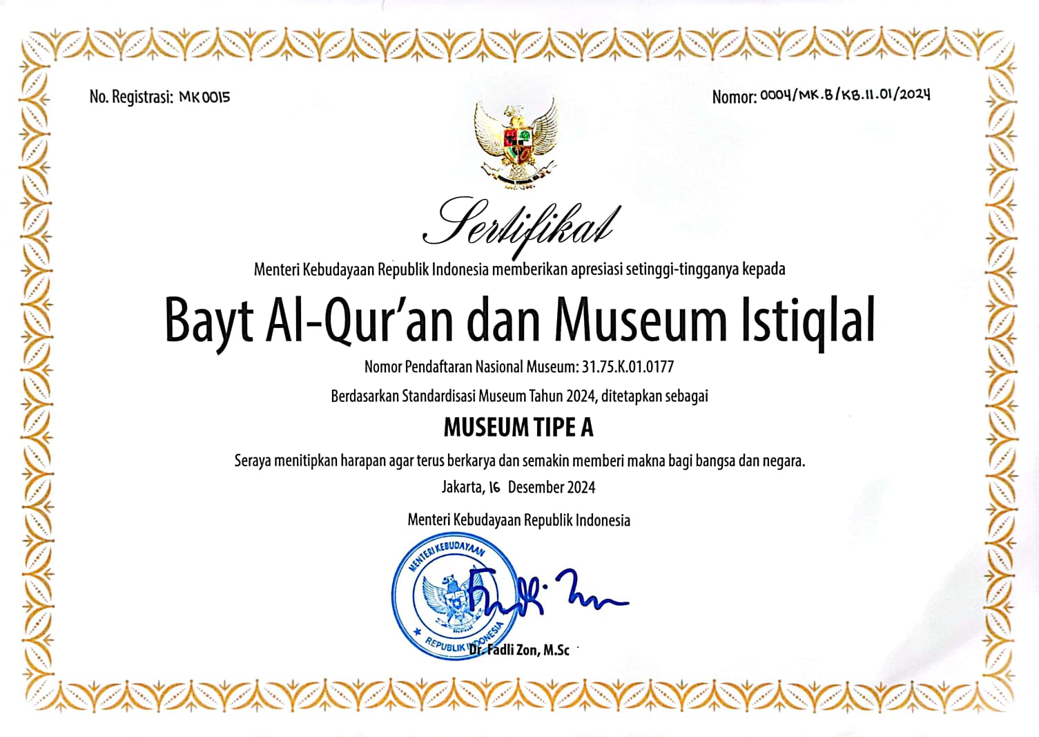 BQMI Raih Sertifikat Museum Tipe A dari Menteri Kebudayaan RI